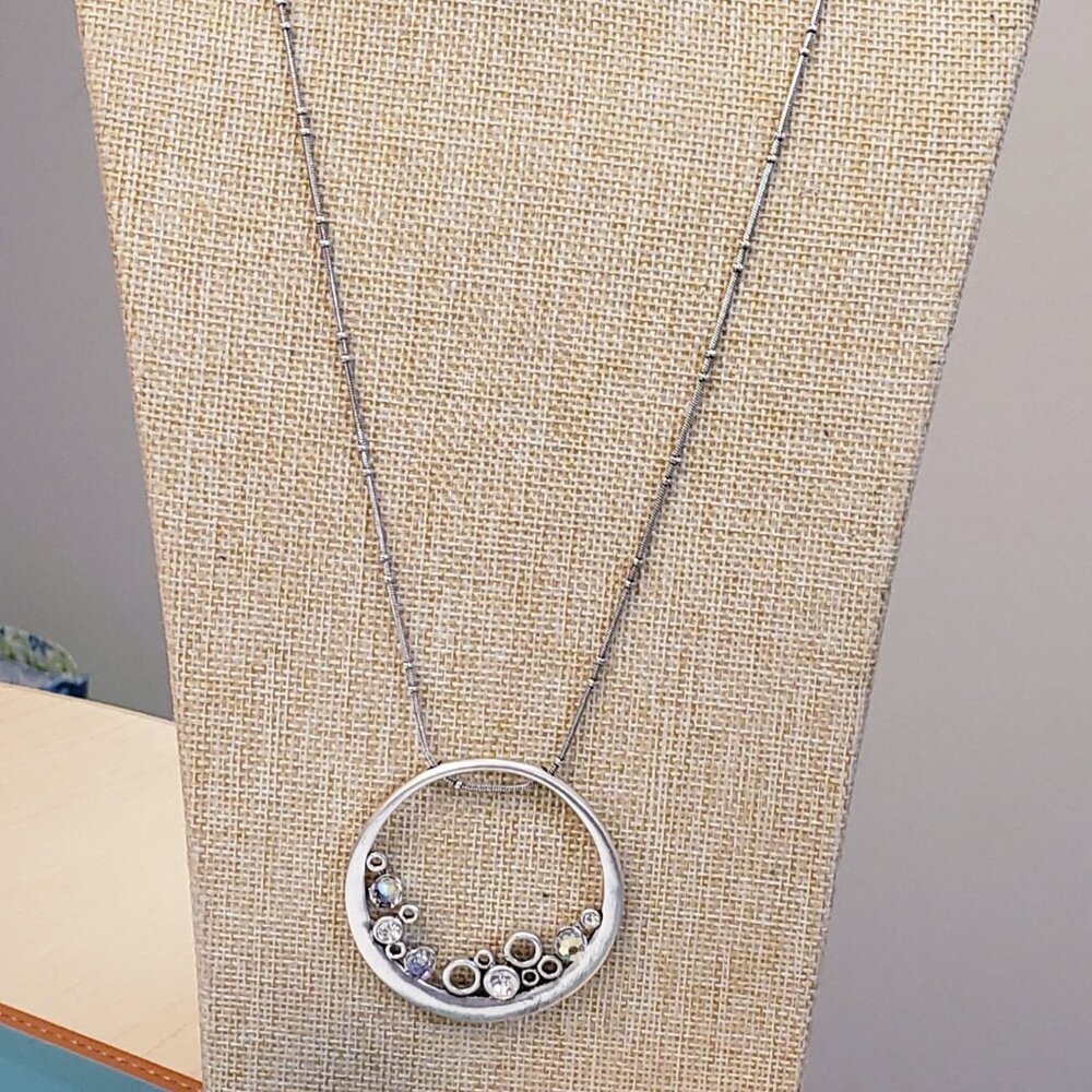 Macy's, NWT, silver circle pendant, ab bead, rhinestone pendant necklace